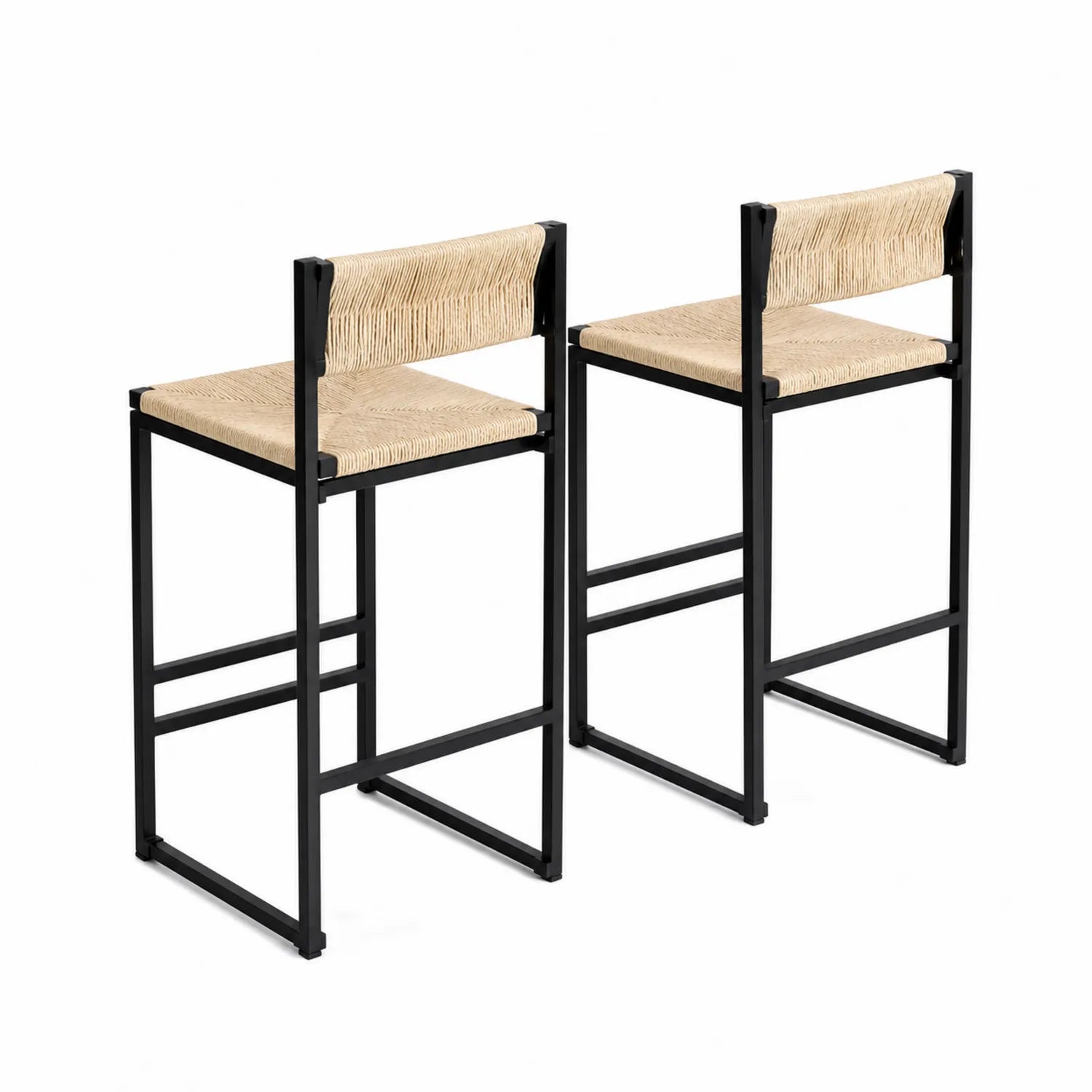 Set de 2 tabourets de bar en métal noir avec assise en corde