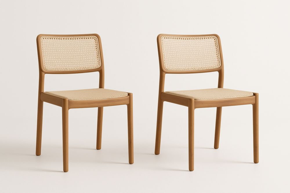 Set of 2 Oak Wood Dining Chairs with Woven Cane Seat and Back Beige