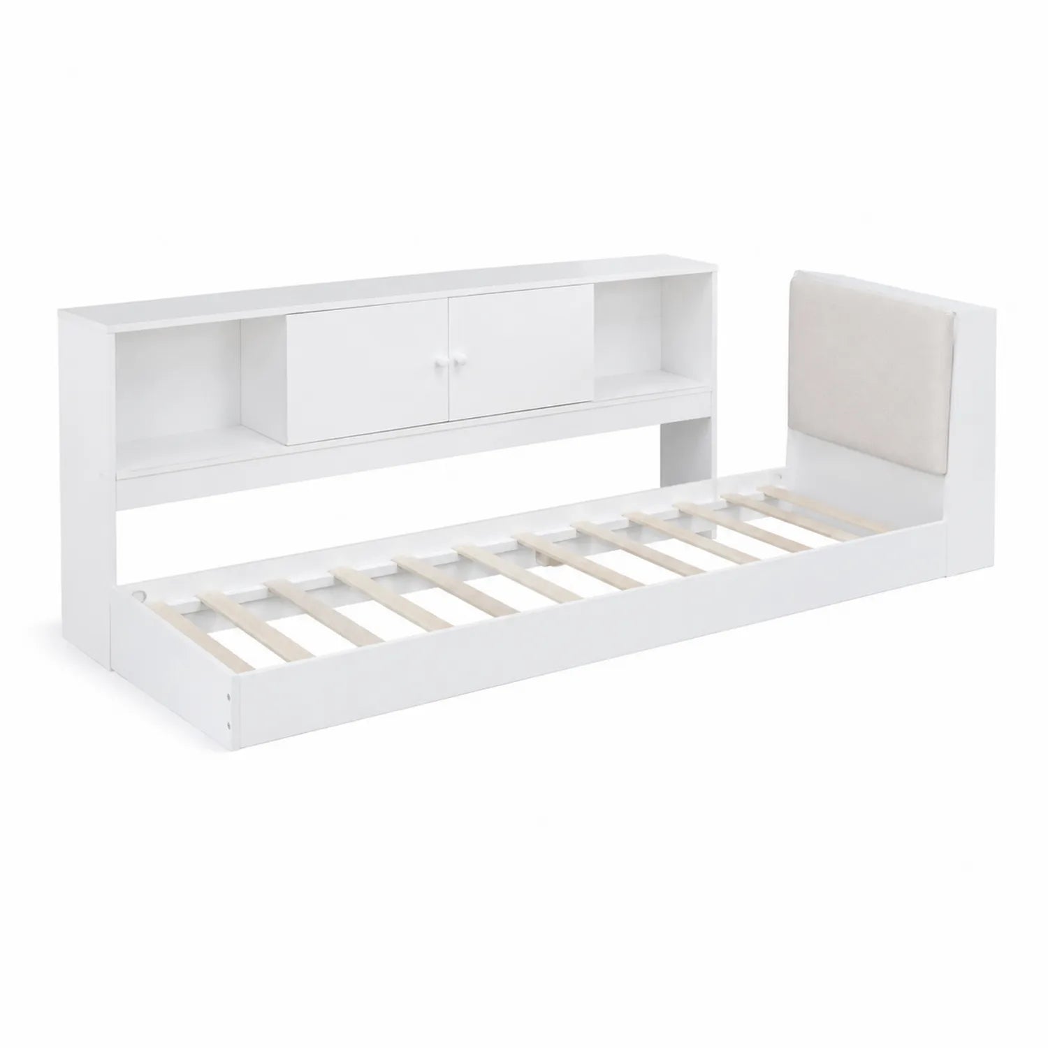 Lit Simple en Bois Blanc avec Rangement et Tête de Lit Rembourrée
