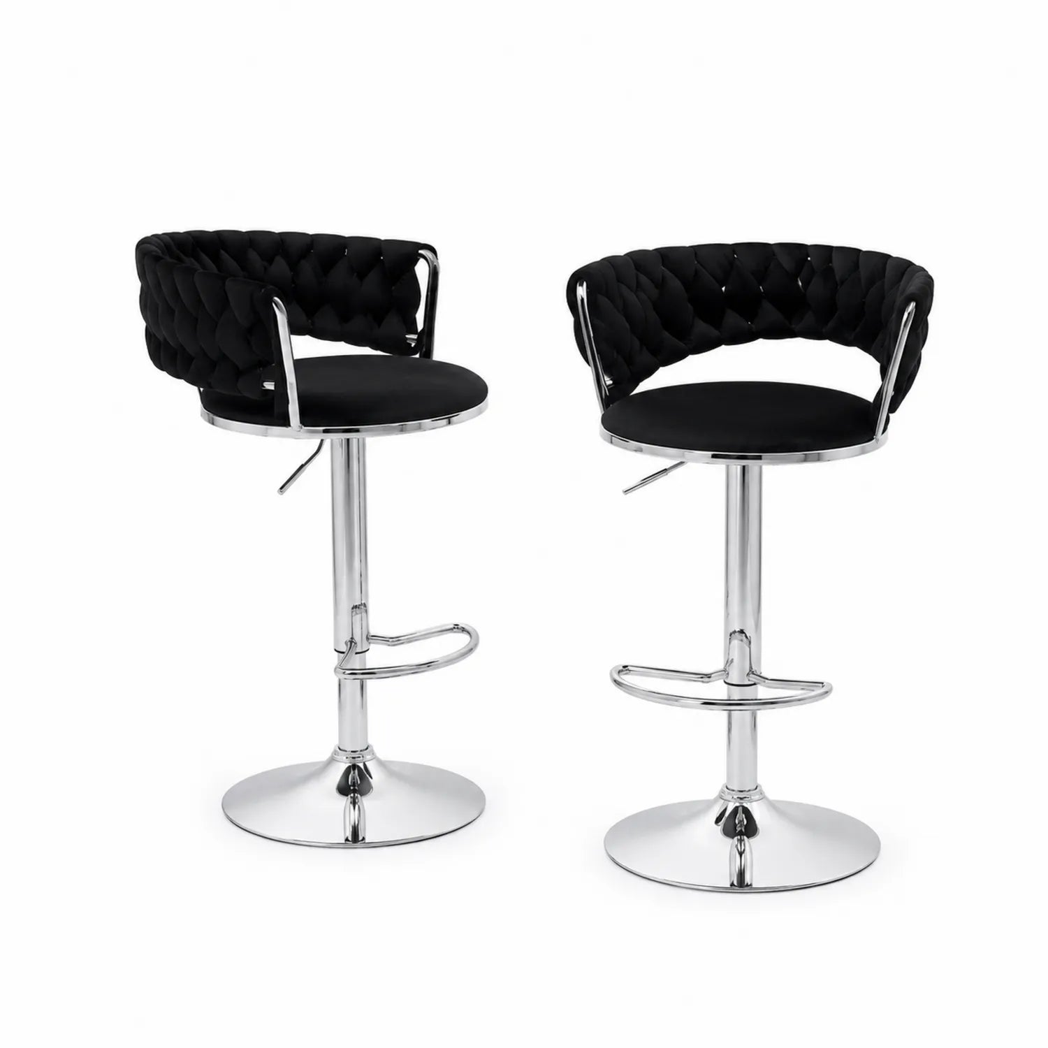 Tabourets de bar en tissu noir avec dossier et base en acier, ajustables, lot de 2