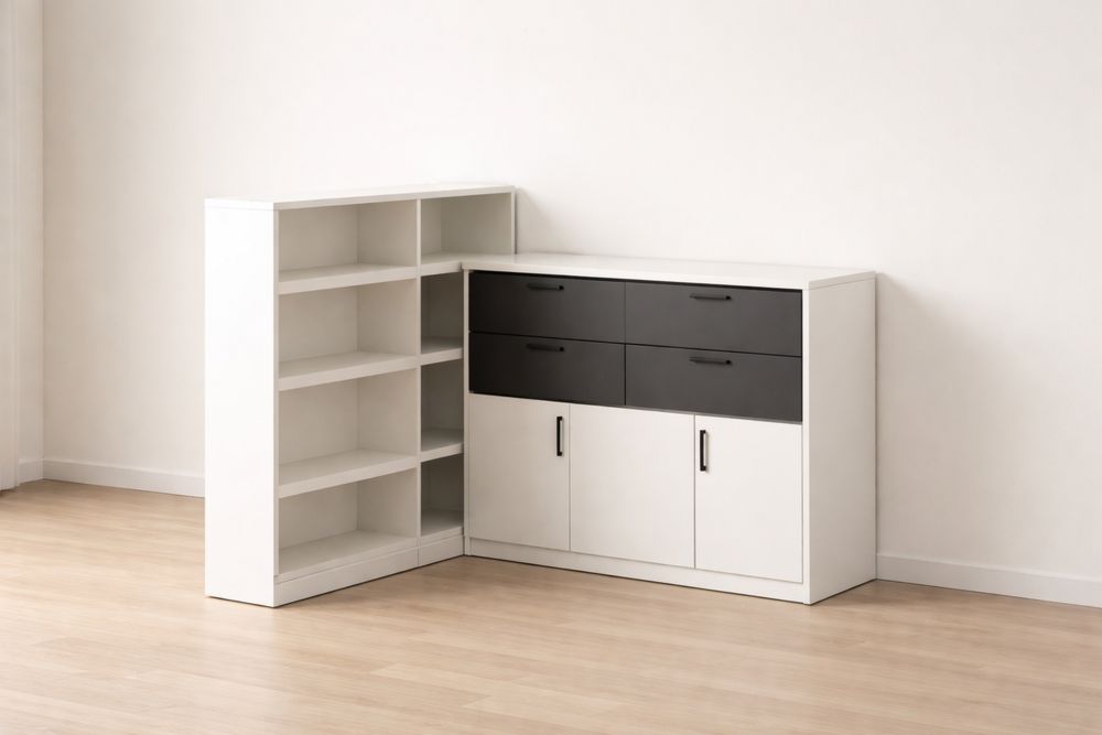 L-Shaped Storage Cabinet with Shelves and Drawers White/Black
