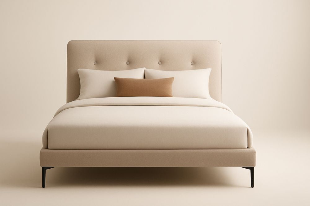 Upholstered Bed Frame with Beige Polyester and Steel