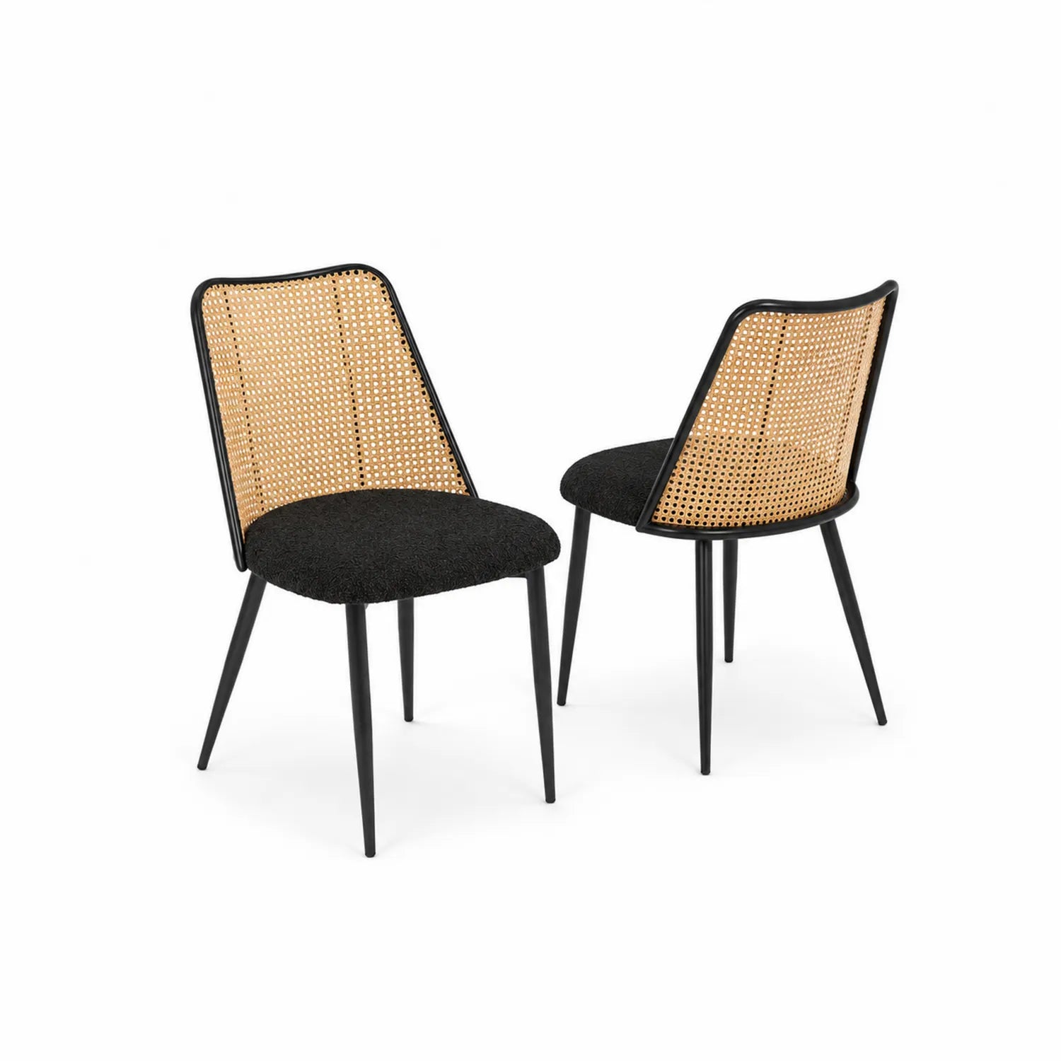 Ensemble de 2 chaises en métal, tissu noir et rotin
