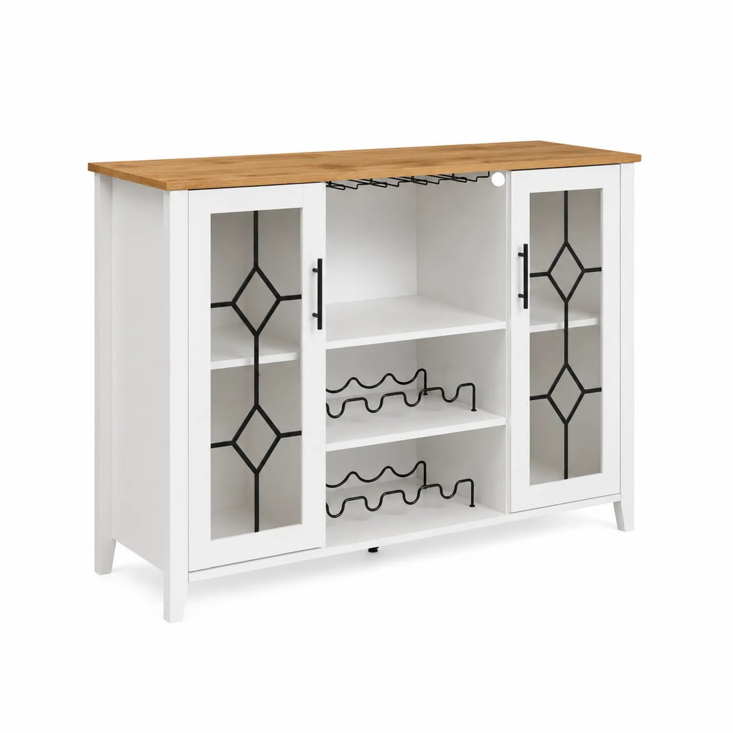 Buffet blanc avec portes vitrées et plateau en bois