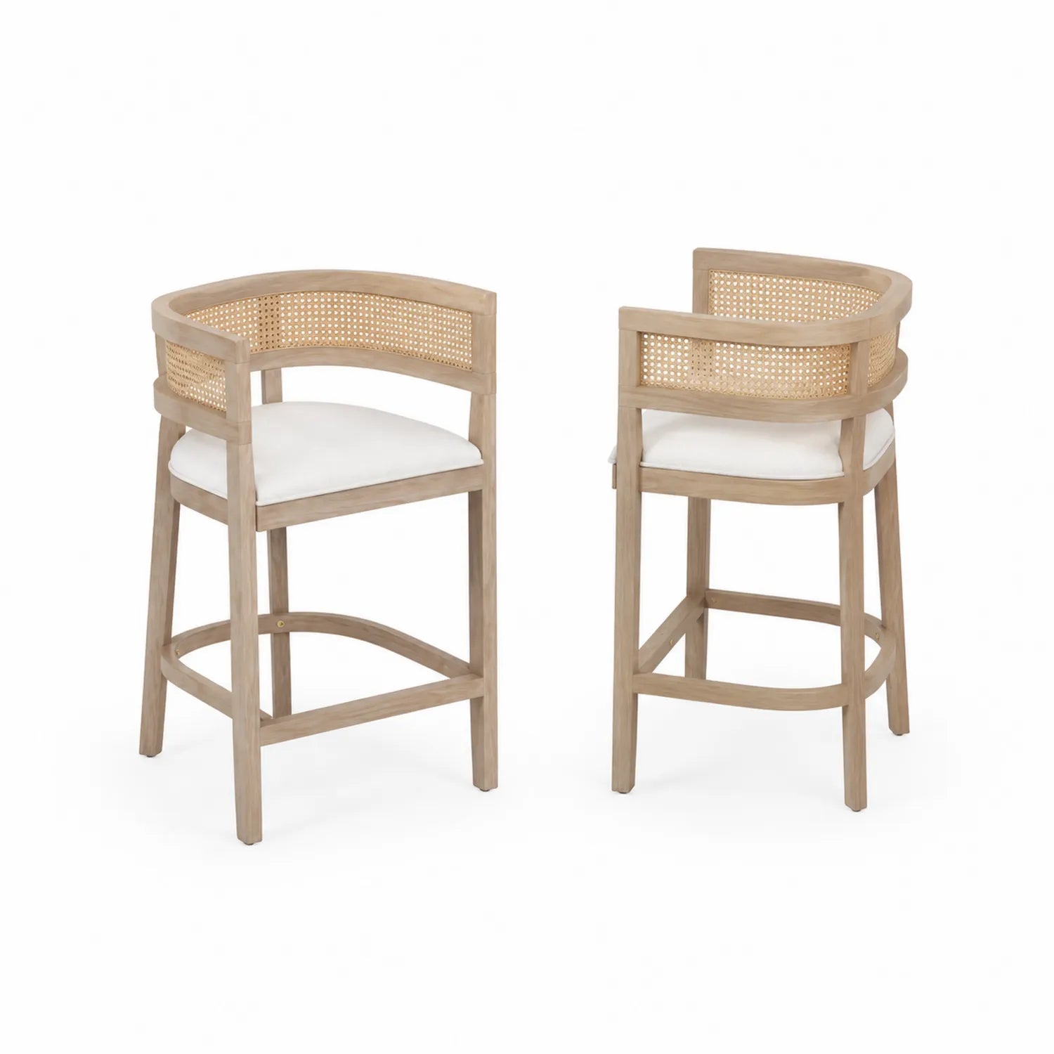 Tabourets de bar en bois et rotin avec assise en polyester blanc