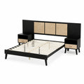 Lit double en bois avec tête de lit et tables de chevet intégrées Noir/Beige 200x160 cm