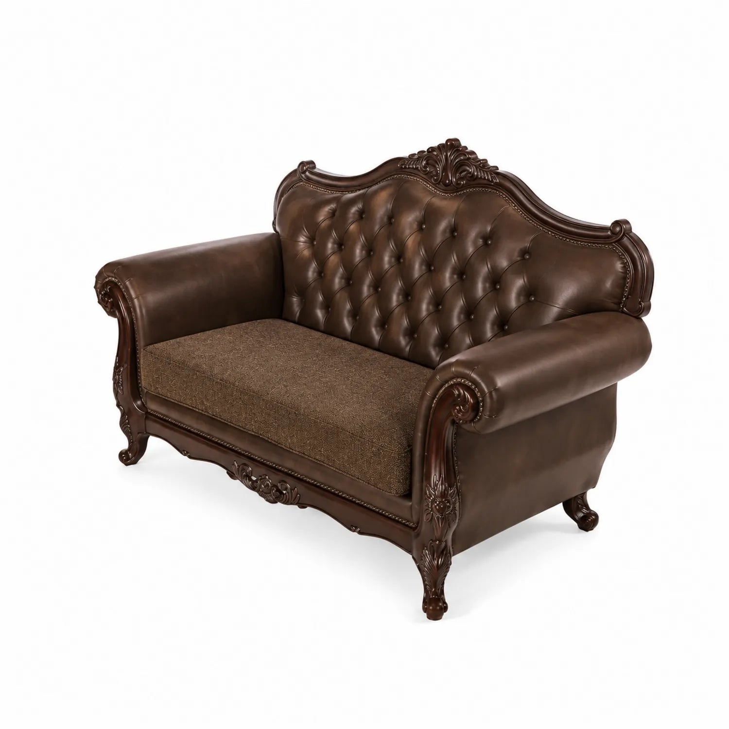 Canapé 2 Places en Bois et Cuir Synthétique Marron