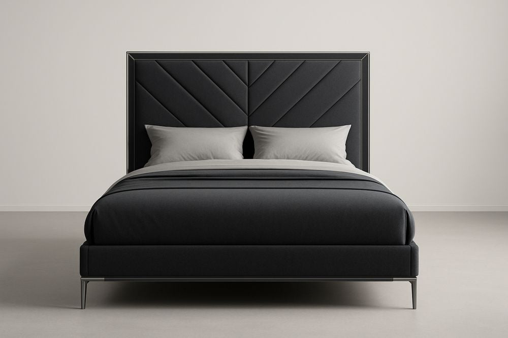 Upholstered Platform Bed with Tall Headboard in Dark Grey Fabric 200x160x120 cm