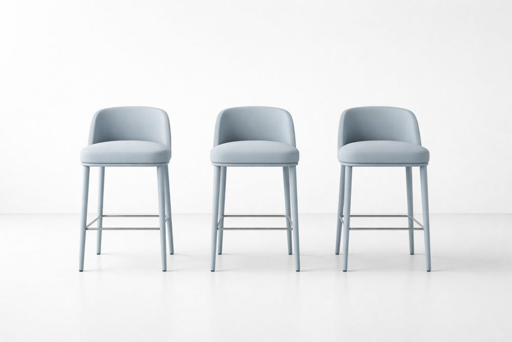 Set of 3 Light Blue Upholstered Counter Stools with Metal Frame