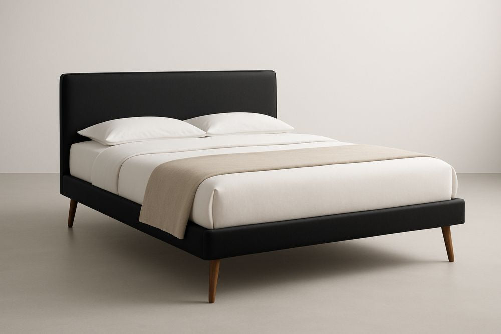 Polyester Upholstered Platform Bed Frame with Solid Wood Legs Black