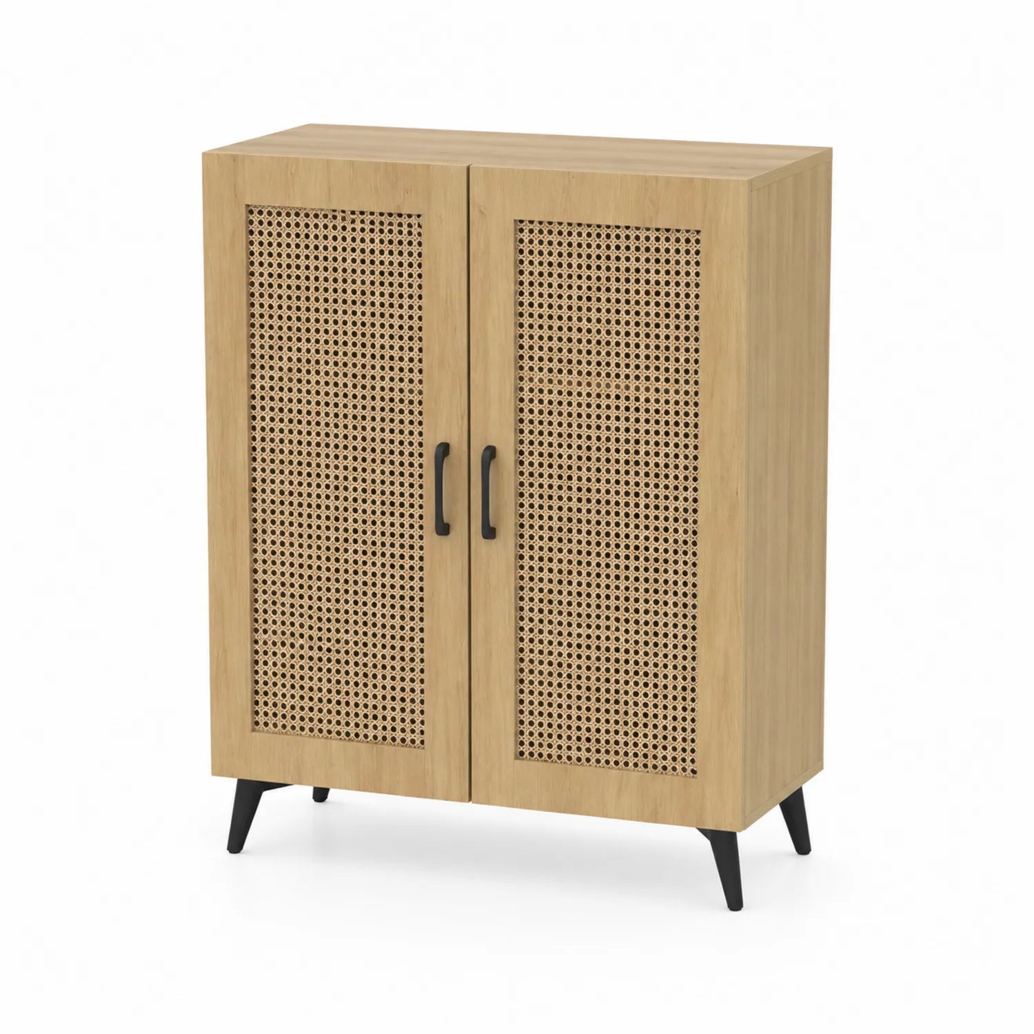 Armoire à chaussures en bois et rotin - 2 portes - Chêne naturel