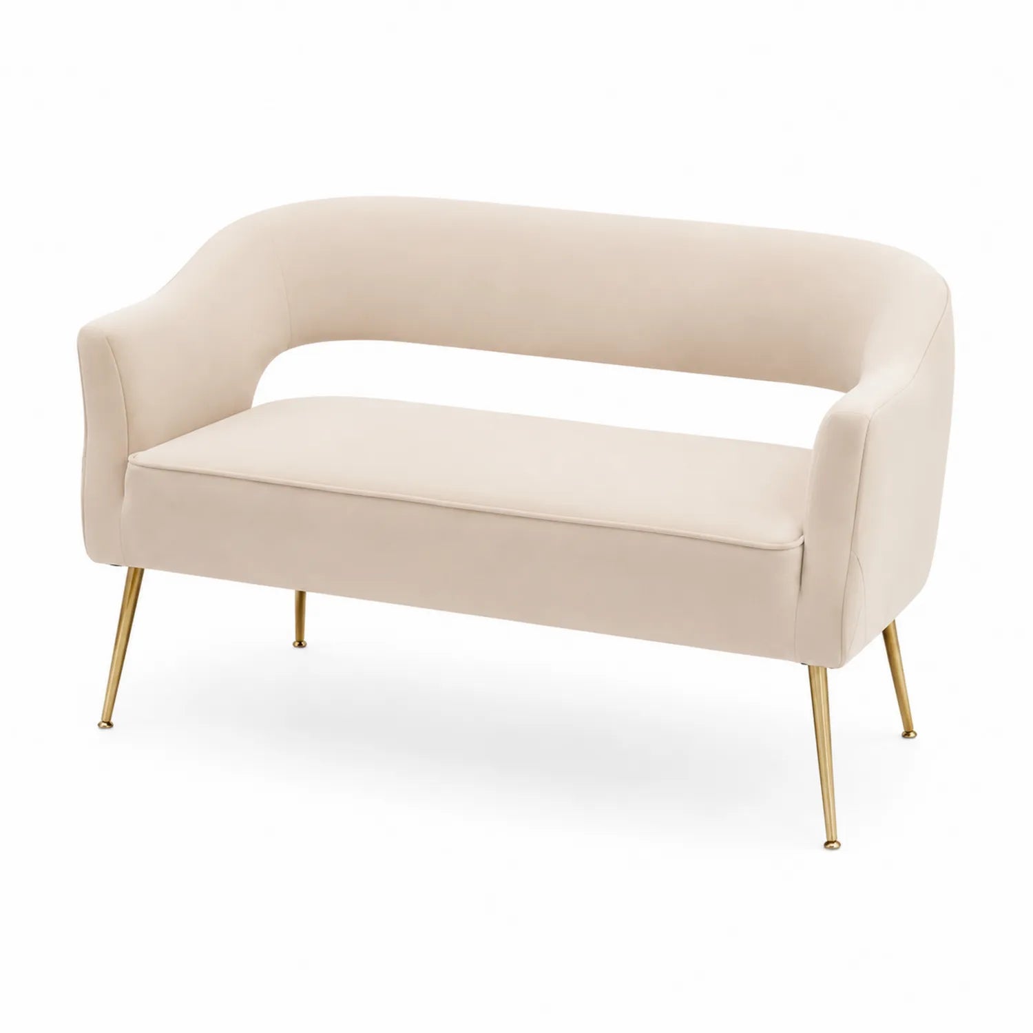 Canapé deux places en velours beige avec pieds en métal doré