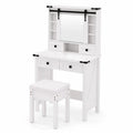Coiffeuse en bois blanc avec miroir coulissant et tabouret