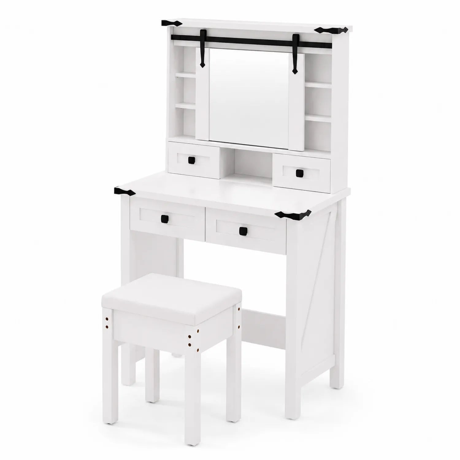 Coiffeuse en bois blanc avec miroir coulissant et tabouret