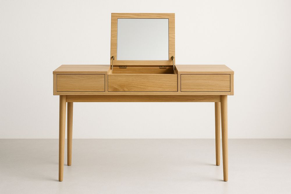 Oak Wood Vanity Table with Mirror and Drawers