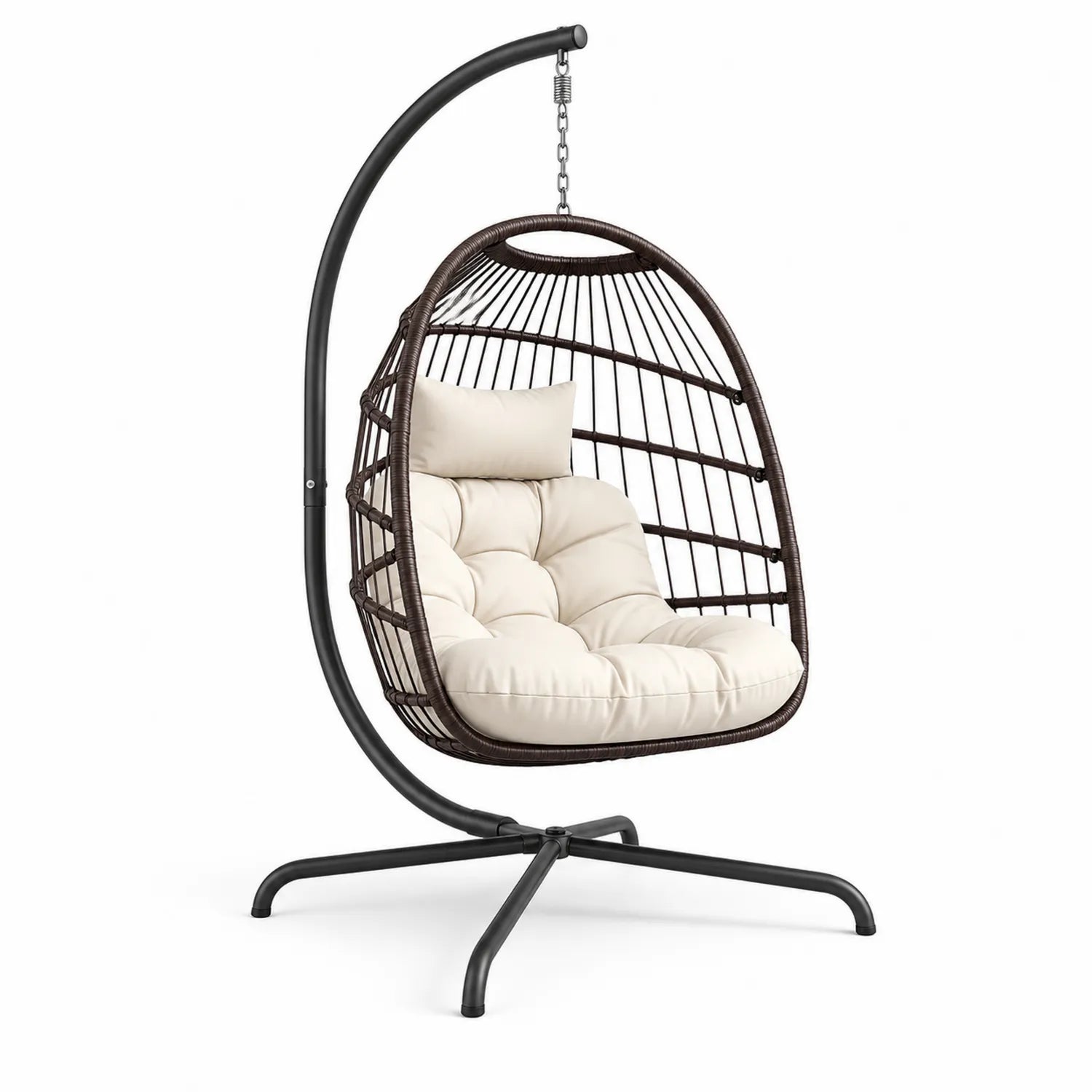 Chaise suspendue en rotin synthétique et acier avec coussin beige