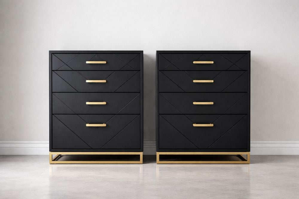 Black and Gold MDF 4-Drawer Chest Set with Metal Handles
