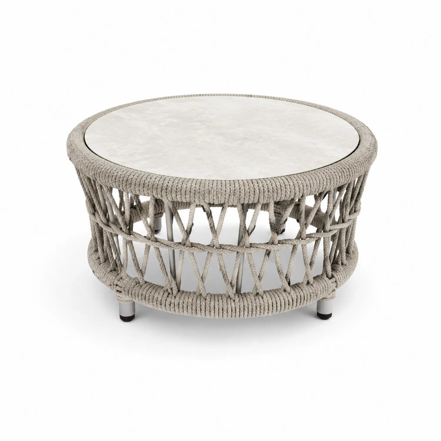 Table basse ronde en corde, pierre et acier inoxydable, 80x45 cm