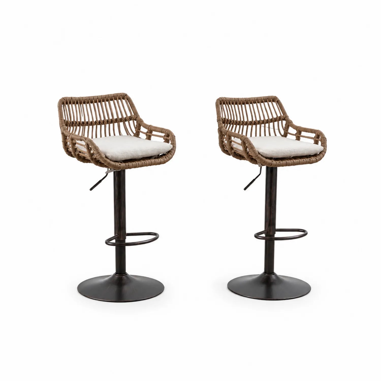 Lot de 2 tabourets de bar en rotin réglables avec coussin crème
