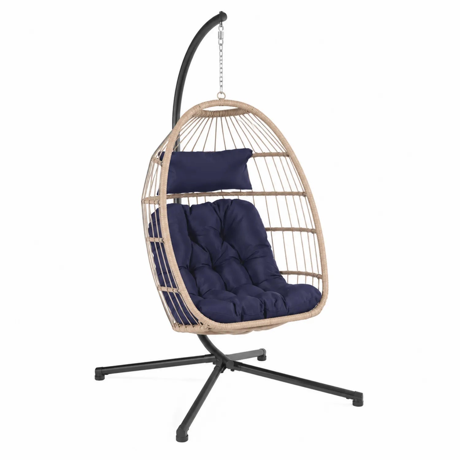 Fauteuil suspendu en rotin synthétique avec coussins bleus, structure en acier