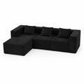Canapé d'angle modulaire en velours côtelé noir avec pouf et coussins