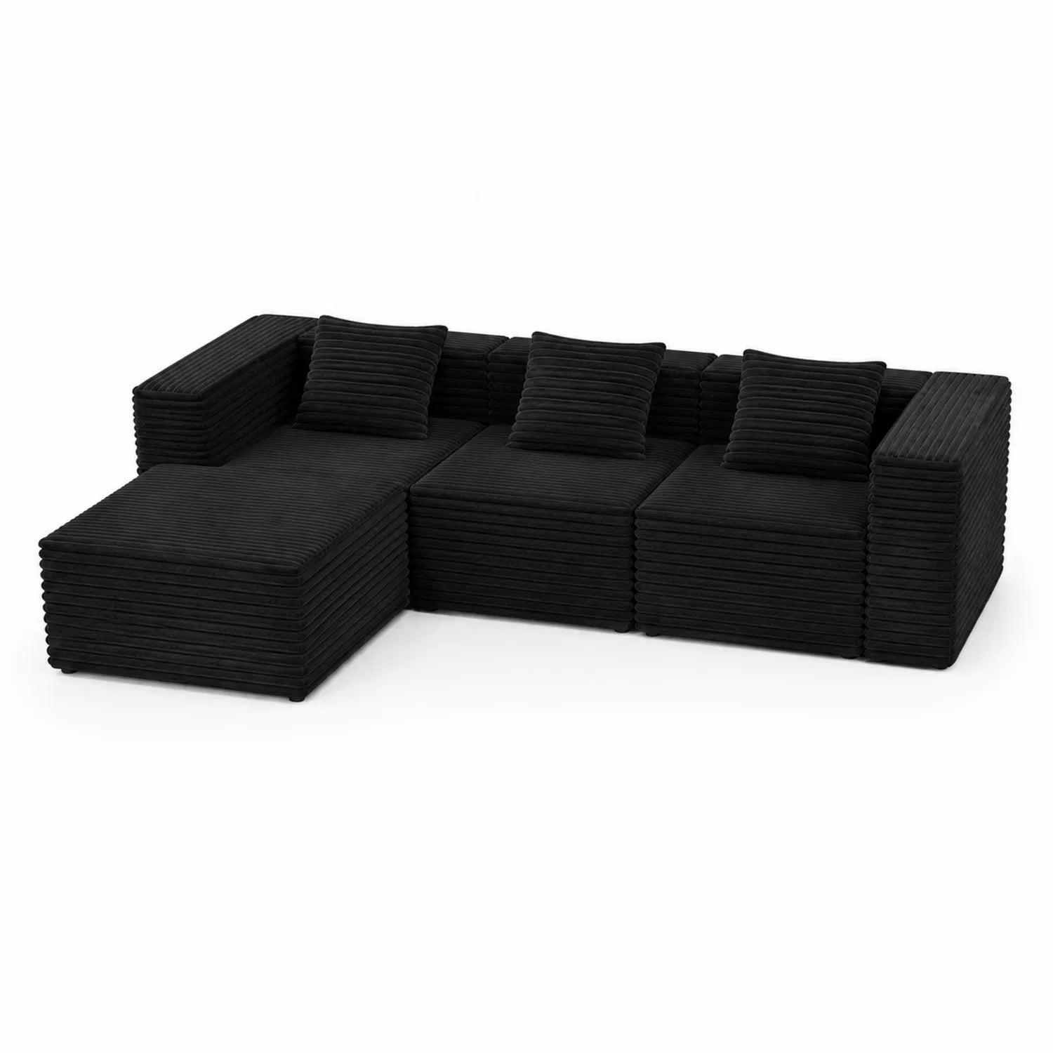 Canapé d'angle modulaire en velours côtelé noir avec pouf et coussins