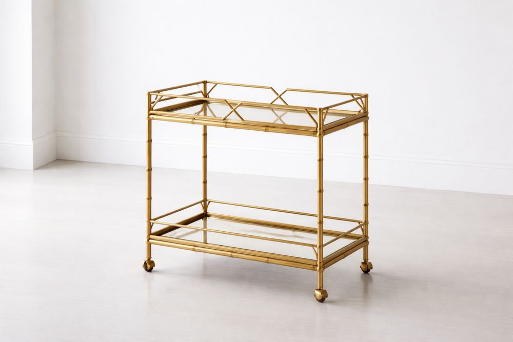 Bar Cart with gold-colored steel frame, tempered glass shelves, and wheels