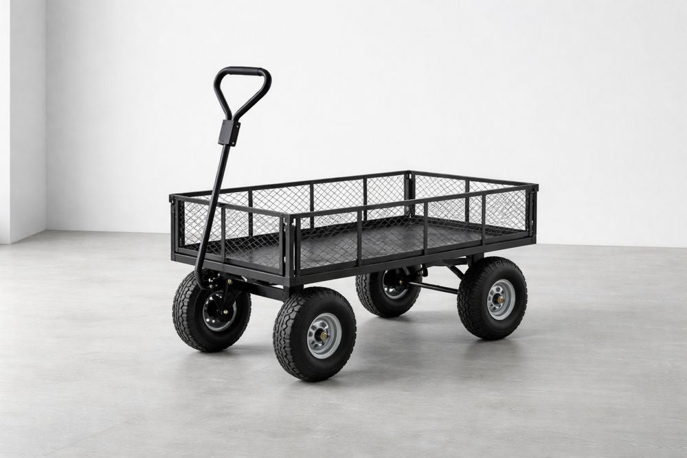 Steel Mesh Utility Cart with Pneumatic Tires 92cm x 41cm x 87cm Black