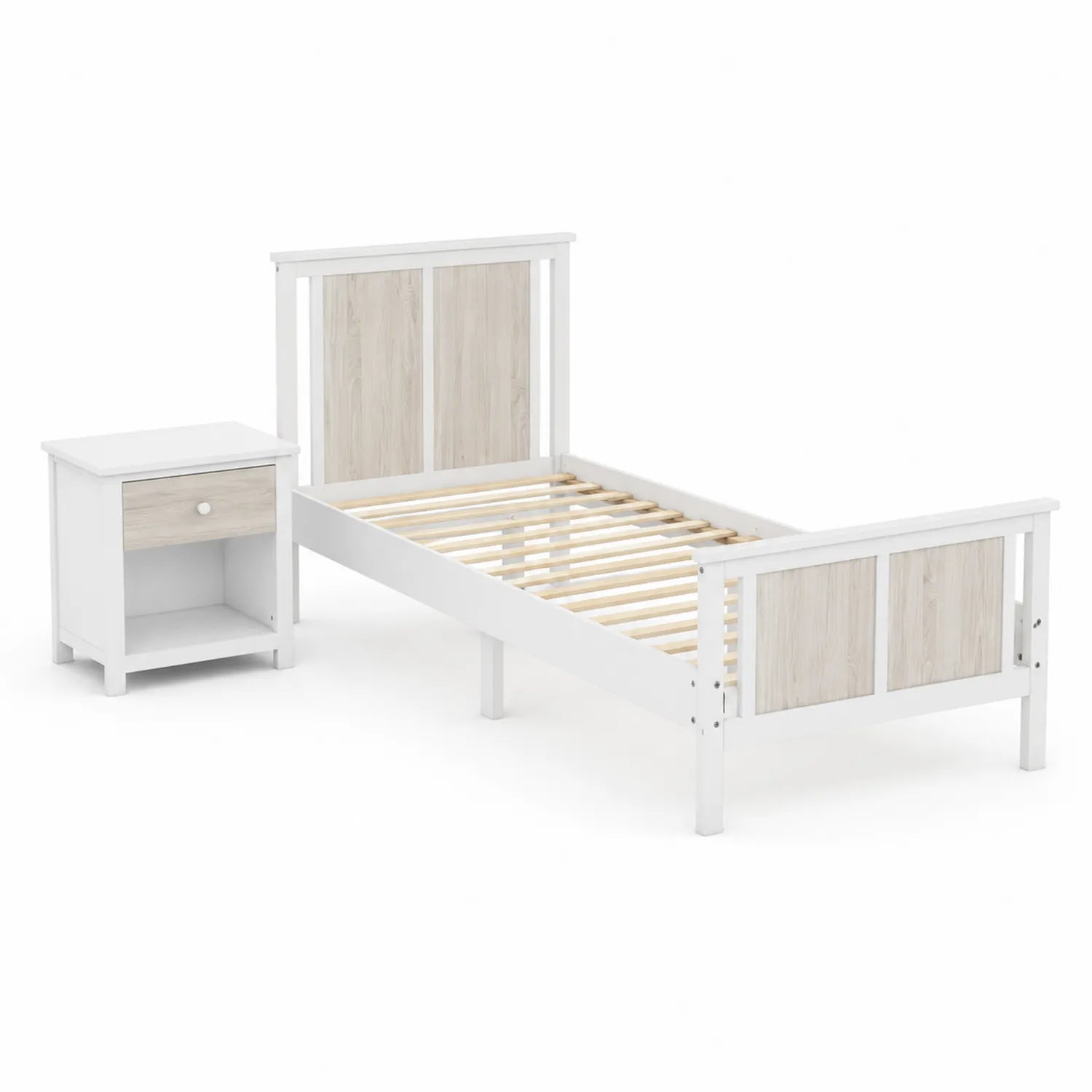 Lit simple en bois MDF Blanc avec table de chevet 200x90 cm