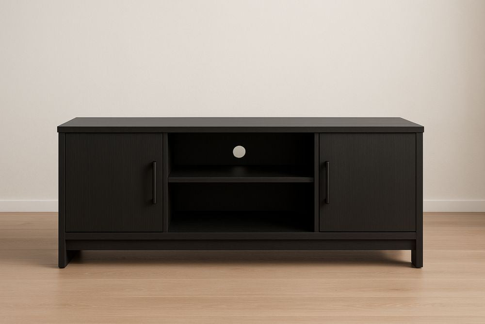 Black Wood TV Stand with Shelves and Cabinets