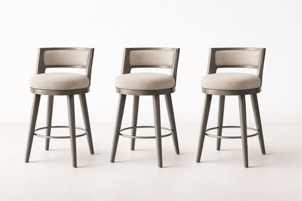 Set of 3 Swivel Bar Stools with Metal Frame and Beige Upholstered Seats
