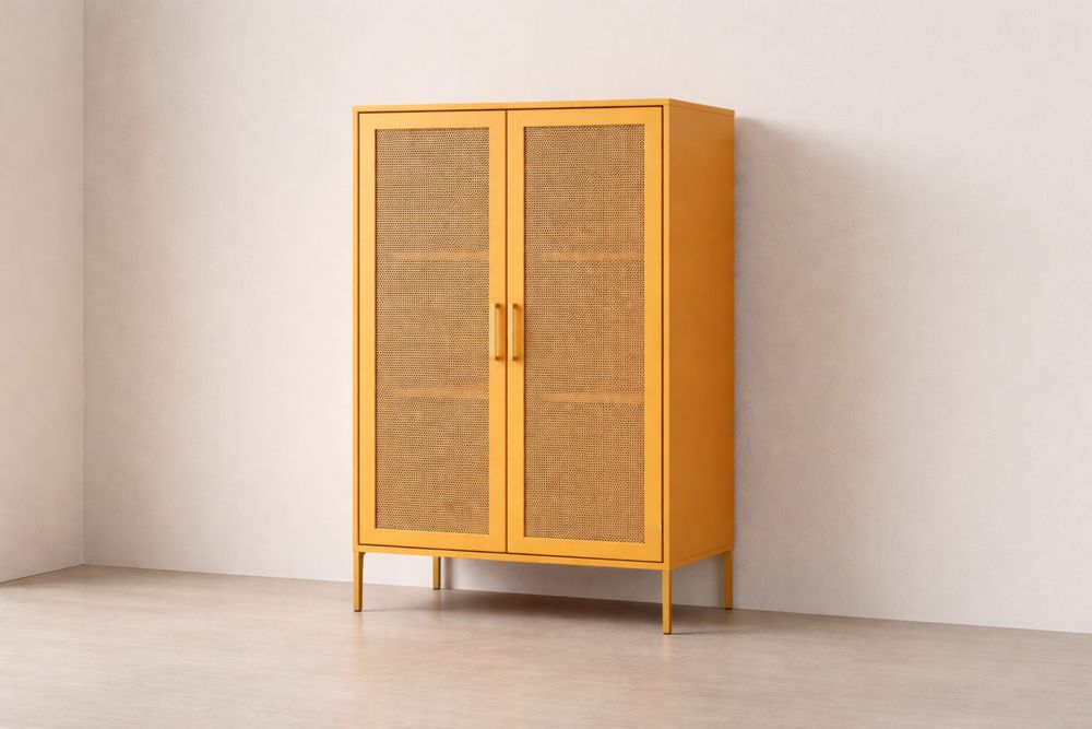 Metal Frame Cabinet with Rattan Doors Yellow 90cm x 40cm x 180cm