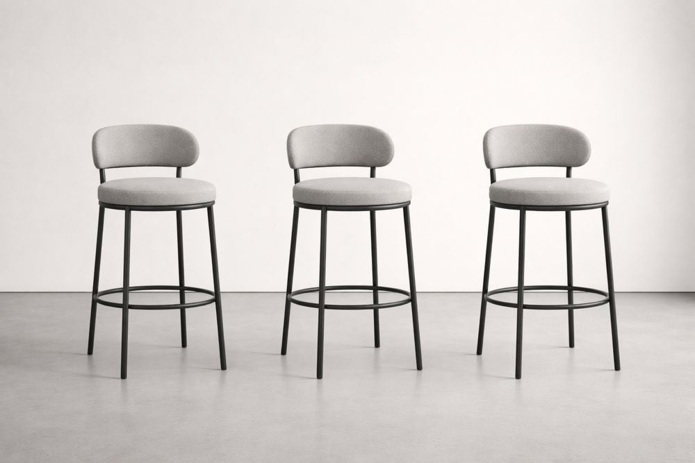 Set of 3 Upholstered Bar Stools with Metal Frame and Gray Fabric Seat