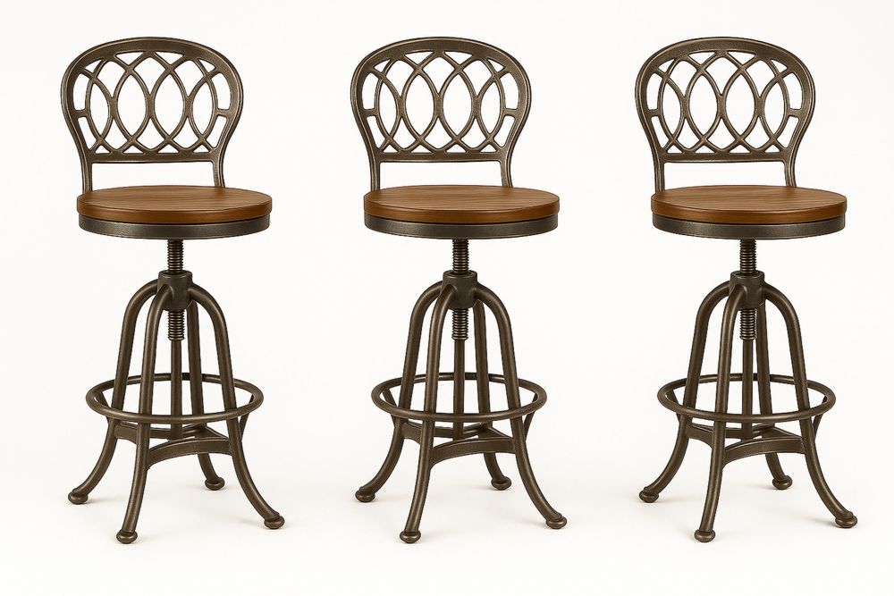 Set of 3 Adjustable Swivel Bar Stools with Metal Frame and Wooden Seat