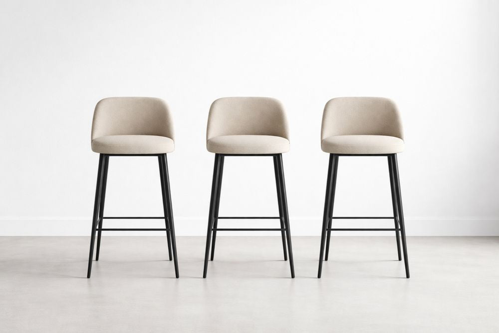 Set of 3 Upholstered Bar Stools with Metal Legs Beige